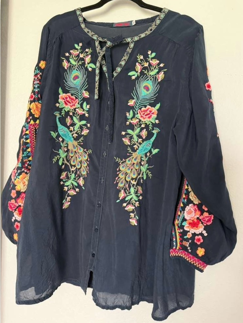 Johnny Was Navy Embroidered Floral & Peacock Blouse - Picture 4 of 7
